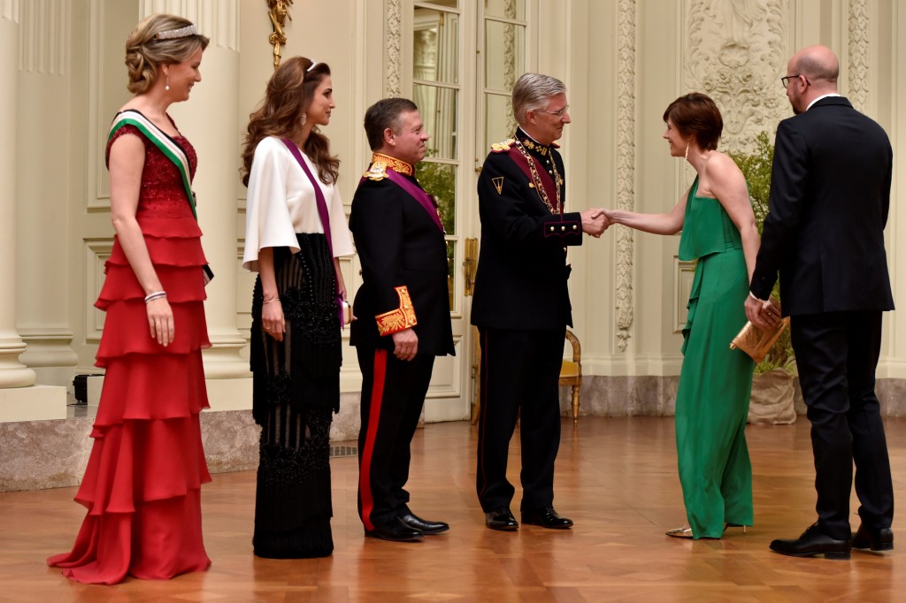 Belgium's King Philippe, Queen Mathilde, Jordan's King Abdullah and his wife Queen Rania receive guests (Belgium's PM Michel and his wife before a gala dinner at the Royal Castle of Laken in Brussels