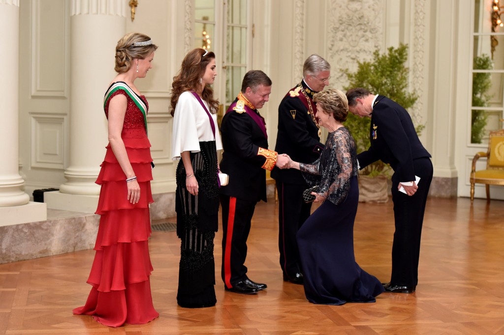 Belgium's King Philippe, Queen Mathilde, Jordan's King Abdullah and his wife Queen Rania receive guests (prince and princess de Ligne) before a gala dinner at the Royal Castle of Laken in Brussels